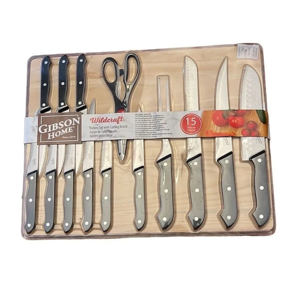 Gibson Home Wildcraft 15‎ Piece Stainless Steel Cutlery Set with Pine Board NEW